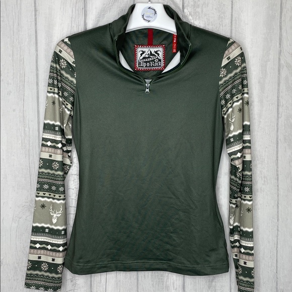 Alp N Rock Dark Green Half-Zip Top with Patterned Long Sleeves - Picture 10 of 10